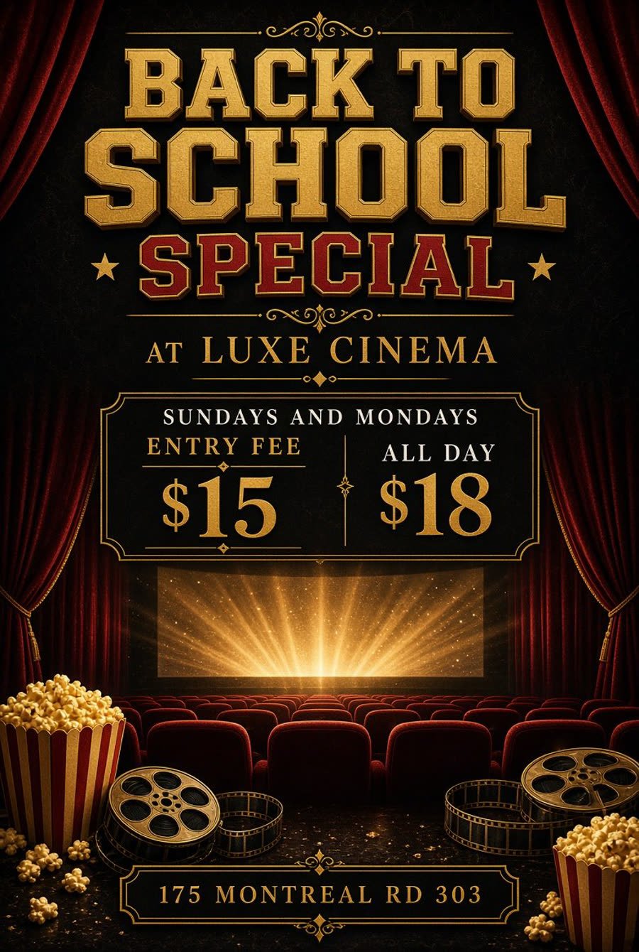 Back to School Special at Luxe Cinema — Sundays and Mondays: entry fee $15, all day $18. 175 Montreal Rd, unit 303.