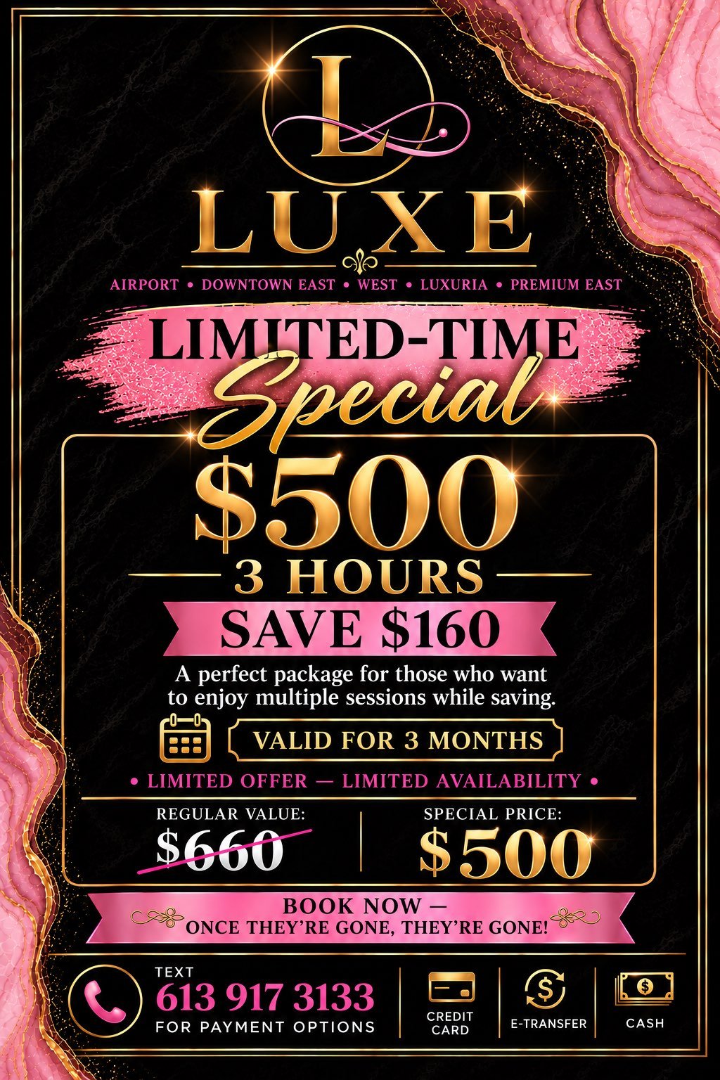Limited-time special: 3 hours for $500, save $160 (regular value $660). Valid for 3 months. Text 613-917-3133 for payment options — credit card, e-transfer or cash.